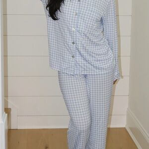 Women's Light Blue Checkered Pajama Set and matching baby swaddle and hat